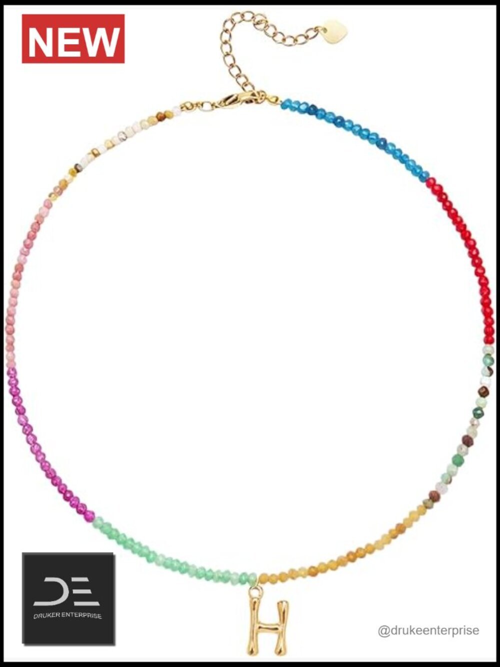 Beaded Initial Necklace, 18K Gold Plated Letter Pendant, Natural Stone